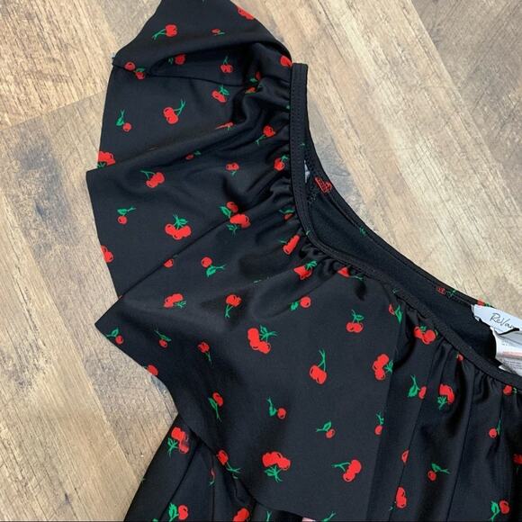 REVAMPED Cherry Print Off Shoulder Ruffle Front One Piece Swimsuit - Picture 5 of 10
